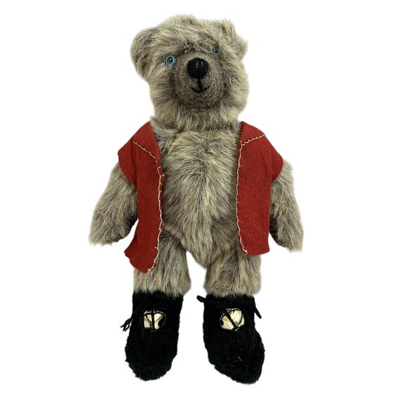 Vintage Artist Anne Copeland Jointed Grey Bear With Red Vest Black Boots Bells - Picture 1 of 9